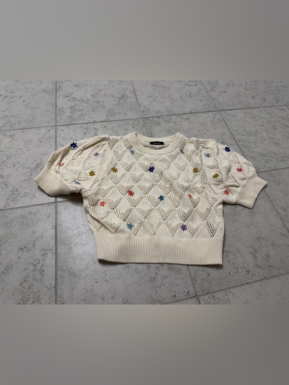 Aqua Cream Open-Knit floral Sweater with Ribbed Trim and shirt sleeves